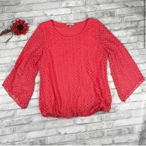 Roz & Ali Pink / Coral Knit Lace Bell-Sleeve Blouse, size Large